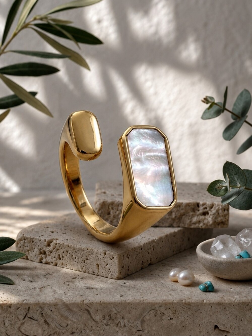 18K Gold Plated Mother of Pearl Signet Ring Art Deco Heirloom Adj 5-10